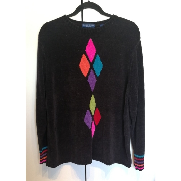 KAREN SCOTT Dark Brown Black Chenille Crew Neck Sweater Colourful Argyle 2X - Picture 2 of 8